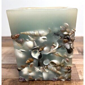 Square Shell-Embedded Wax Candle Holder With Glass Insert For Tealight Or Votive